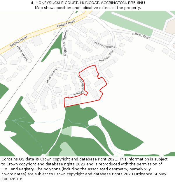 4, HONEYSUCKLE COURT, HUNCOAT, ACCRINGTON, BB5 6NU: Location map and indicative extent of plot