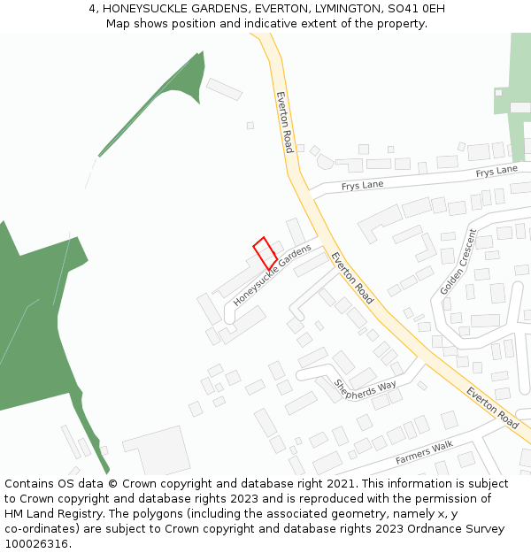 4, HONEYSUCKLE GARDENS, EVERTON, LYMINGTON, SO41 0EH: Location map and indicative extent of plot