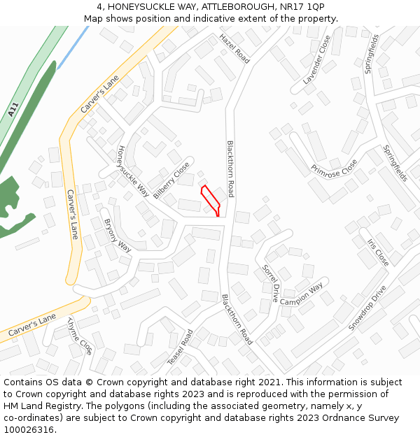 4, HONEYSUCKLE WAY, ATTLEBOROUGH, NR17 1QP: Location map and indicative extent of plot