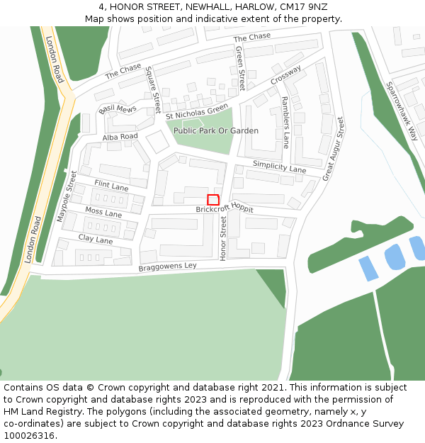 4, HONOR STREET, NEWHALL, HARLOW, CM17 9NZ: Location map and indicative extent of plot