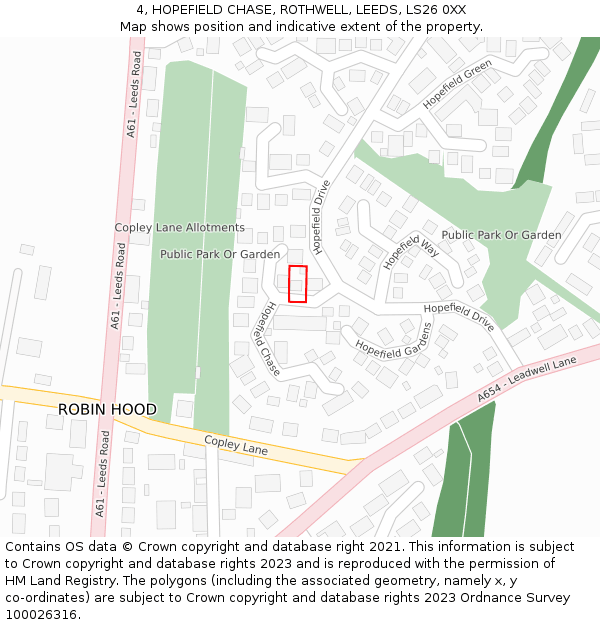 4, HOPEFIELD CHASE, ROTHWELL, LEEDS, LS26 0XX: Location map and indicative extent of plot