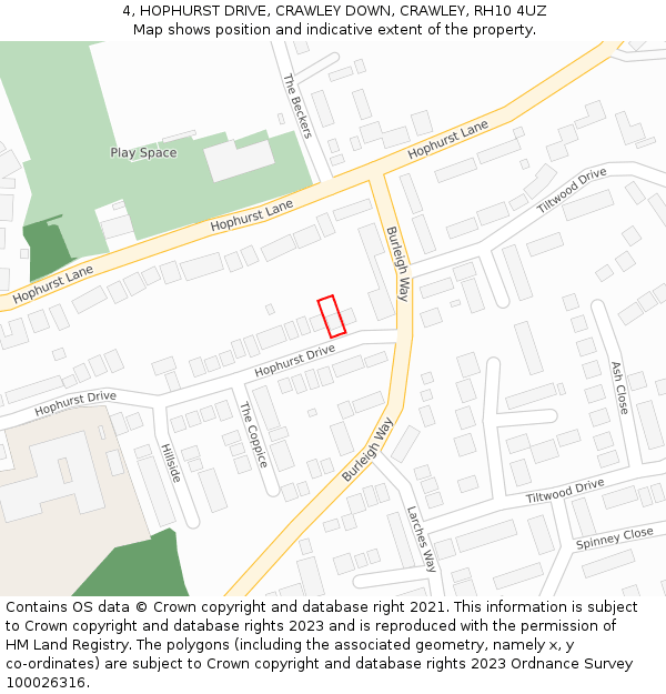 4, HOPHURST DRIVE, CRAWLEY DOWN, CRAWLEY, RH10 4UZ: Location map and indicative extent of plot