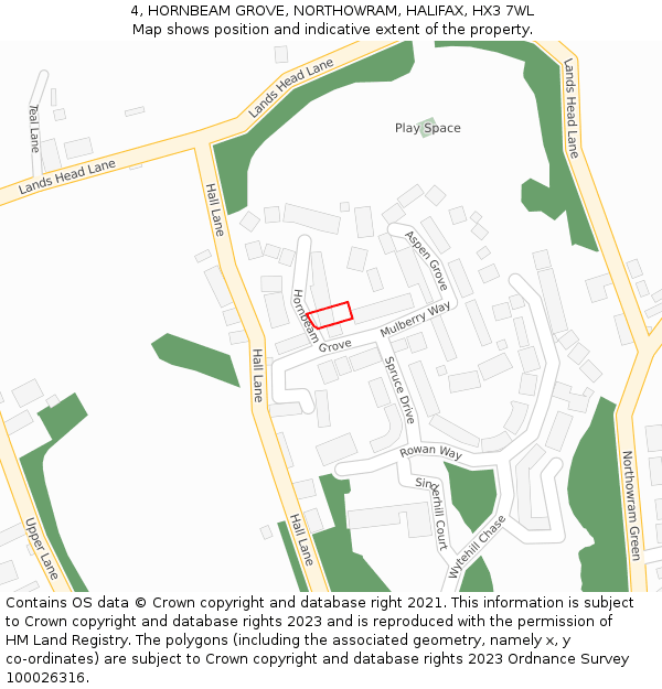 4, HORNBEAM GROVE, NORTHOWRAM, HALIFAX, HX3 7WL: Location map and indicative extent of plot