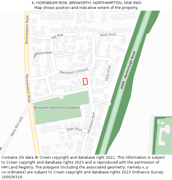 4, HORNBEAM ROW, BRIXWORTH, NORTHAMPTON, NN6 9WG: Location map and indicative extent of plot