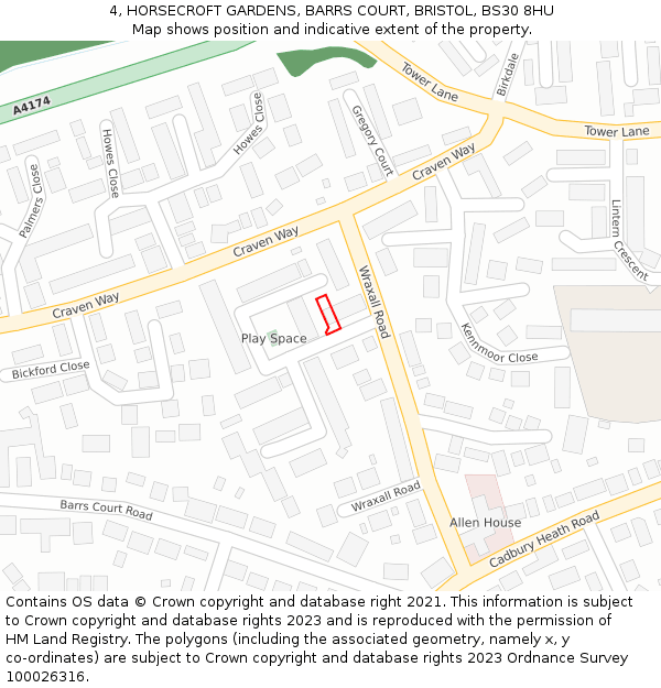 4, HORSECROFT GARDENS, BARRS COURT, BRISTOL, BS30 8HU: Location map and indicative extent of plot