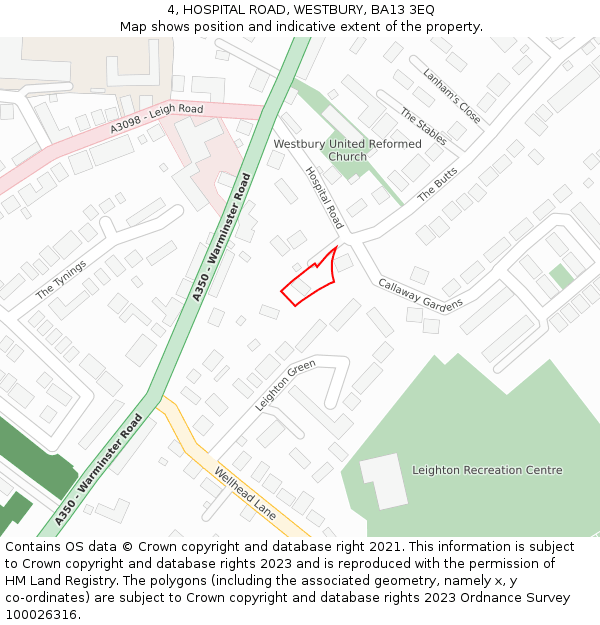 4, HOSPITAL ROAD, WESTBURY, BA13 3EQ: Location map and indicative extent of plot