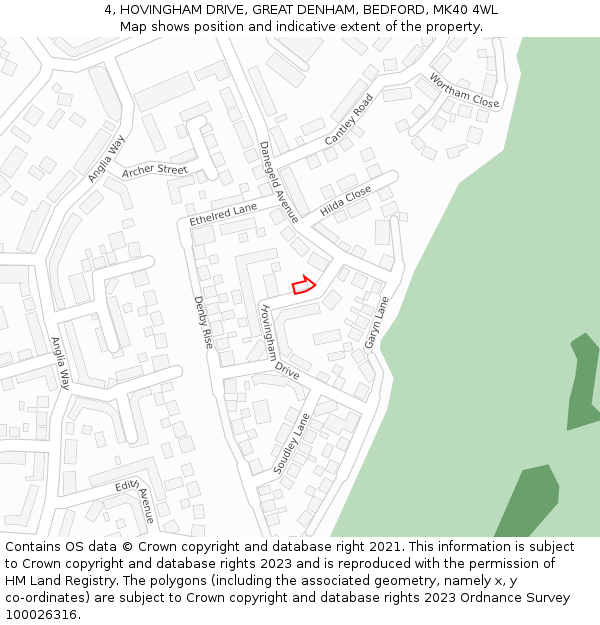 4, HOVINGHAM DRIVE, GREAT DENHAM, BEDFORD, MK40 4WL: Location map and indicative extent of plot