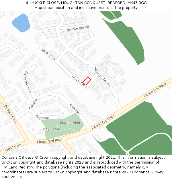 4, HUCKLE CLOSE, HOUGHTON CONQUEST, BEDFORD, MK45 3GG: Location map and indicative extent of plot