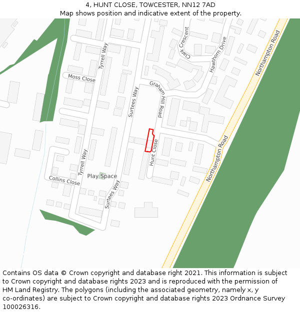 4, HUNT CLOSE, TOWCESTER, NN12 7AD: Location map and indicative extent of plot