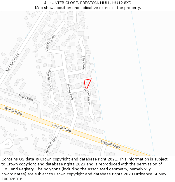 4, HUNTER CLOSE, PRESTON, HULL, HU12 8XD: Location map and indicative extent of plot