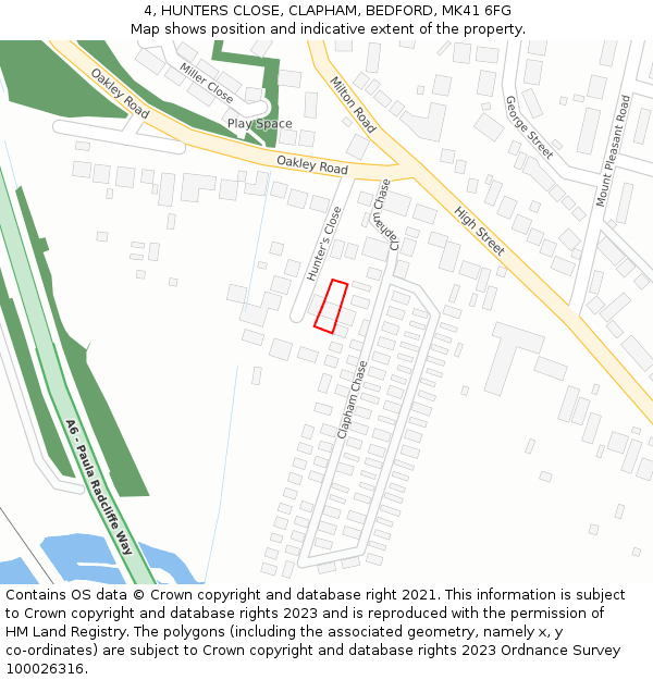 4, HUNTERS CLOSE, CLAPHAM, BEDFORD, MK41 6FG: Location map and indicative extent of plot