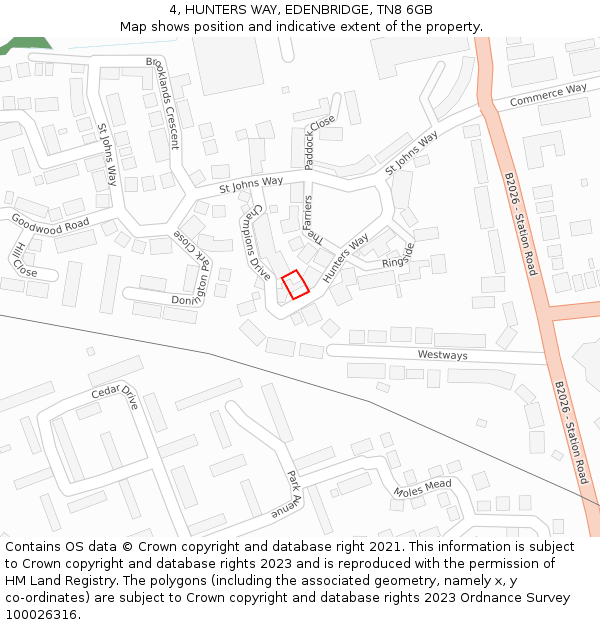 4, HUNTERS WAY, EDENBRIDGE, TN8 6GB: Location map and indicative extent of plot
