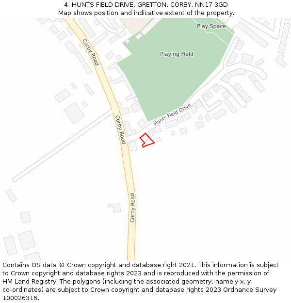 4, HUNTS FIELD DRIVE, GRETTON, CORBY, NN17 3GD: Location map and indicative extent of plot