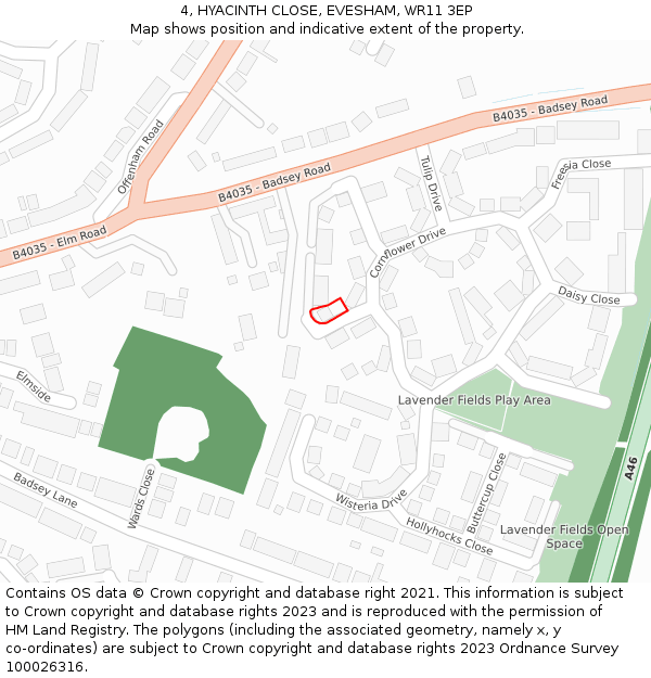 4, HYACINTH CLOSE, EVESHAM, WR11 3EP: Location map and indicative extent of plot