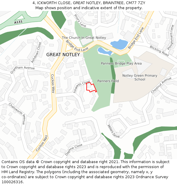 4, ICKWORTH CLOSE, GREAT NOTLEY, BRAINTREE, CM77 7ZY: Location map and indicative extent of plot