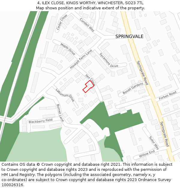 4, ILEX CLOSE, KINGS WORTHY, WINCHESTER, SO23 7TL: Location map and indicative extent of plot