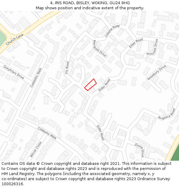 4, IRIS ROAD, BISLEY, WOKING, GU24 9HG: Location map and indicative extent of plot