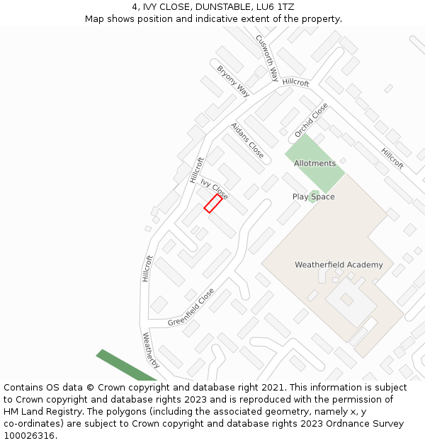 4, IVY CLOSE, DUNSTABLE, LU6 1TZ: Location map and indicative extent of plot