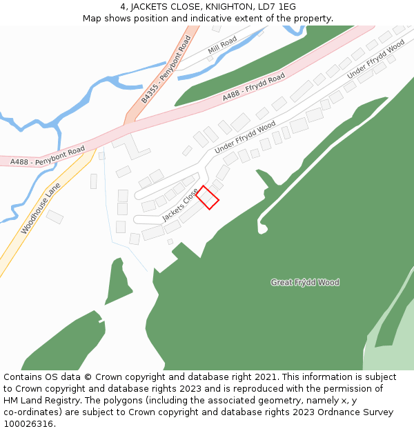 4, JACKETS CLOSE, KNIGHTON, LD7 1EG: Location map and indicative extent of plot