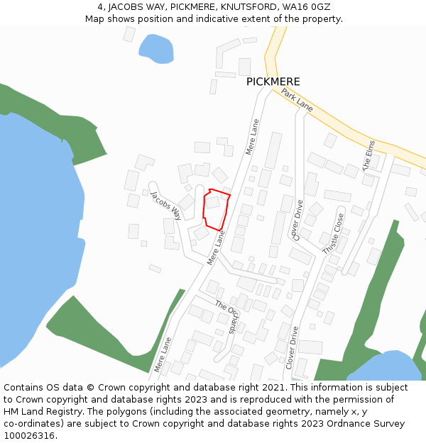 4, JACOBS WAY, PICKMERE, KNUTSFORD, WA16 0GZ: Location map and indicative extent of plot