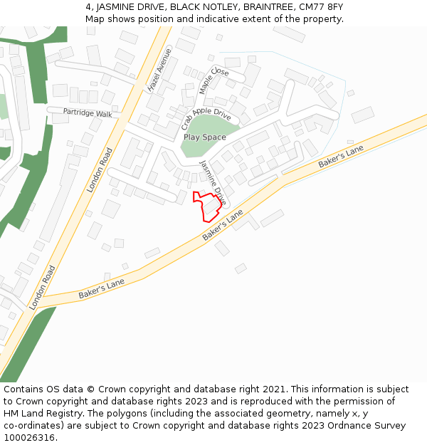 4, JASMINE DRIVE, BLACK NOTLEY, BRAINTREE, CM77 8FY: Location map and indicative extent of plot