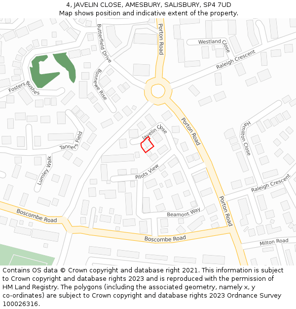 4, JAVELIN CLOSE, AMESBURY, SALISBURY, SP4 7UD: Location map and indicative extent of plot
