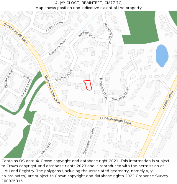 4, JAY CLOSE, BRAINTREE, CM77 7GJ: Location map and indicative extent of plot