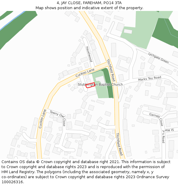 4, JAY CLOSE, FAREHAM, PO14 3TA: Location map and indicative extent of plot