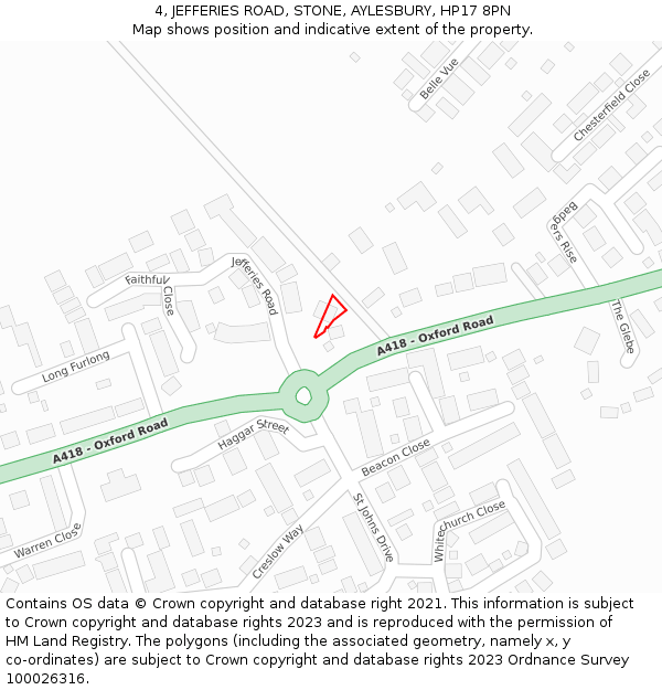 4, JEFFERIES ROAD, STONE, AYLESBURY, HP17 8PN: Location map and indicative extent of plot