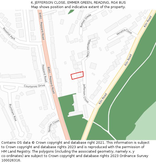 4, JEFFERSON CLOSE, EMMER GREEN, READING, RG4 8US: Location map and indicative extent of plot