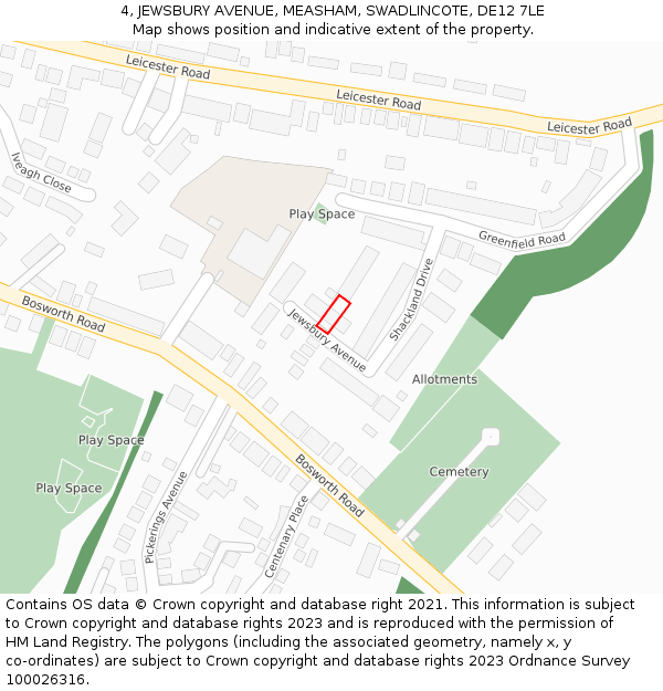 4, JEWSBURY AVENUE, MEASHAM, SWADLINCOTE, DE12 7LE: Location map and indicative extent of plot