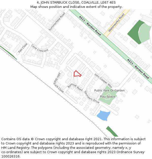 4, JOHN STARBUCK CLOSE, COALVILLE, LE67 4ES: Location map and indicative extent of plot