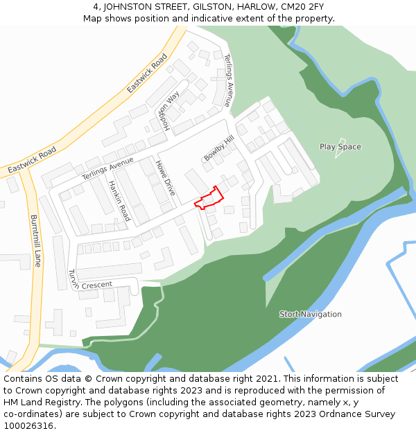 4, JOHNSTON STREET, GILSTON, HARLOW, CM20 2FY: Location map and indicative extent of plot