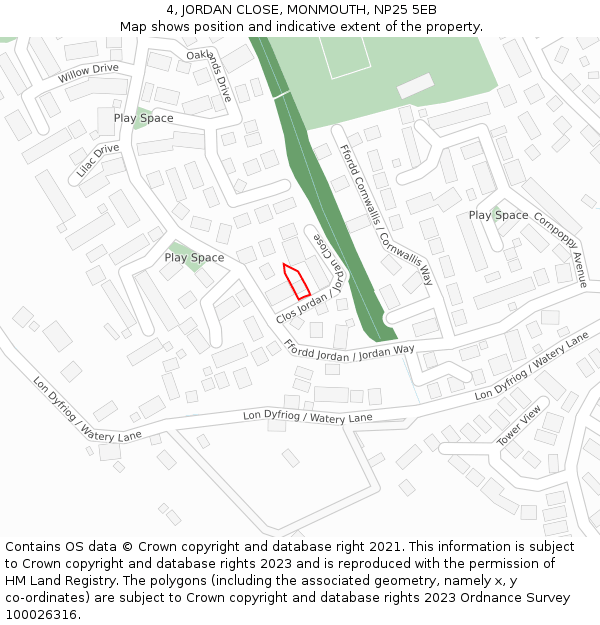 4, JORDAN CLOSE, MONMOUTH, NP25 5EB: Location map and indicative extent of plot