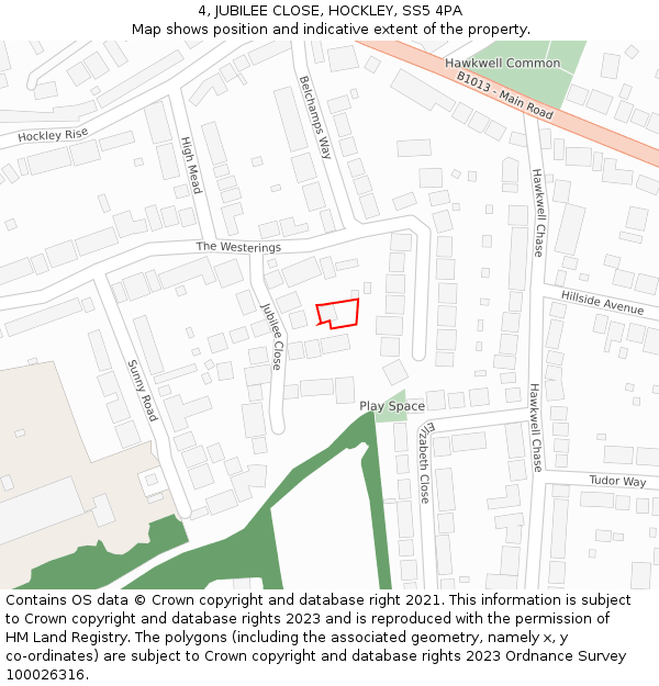 4, JUBILEE CLOSE, HOCKLEY, SS5 4PA: Location map and indicative extent of plot