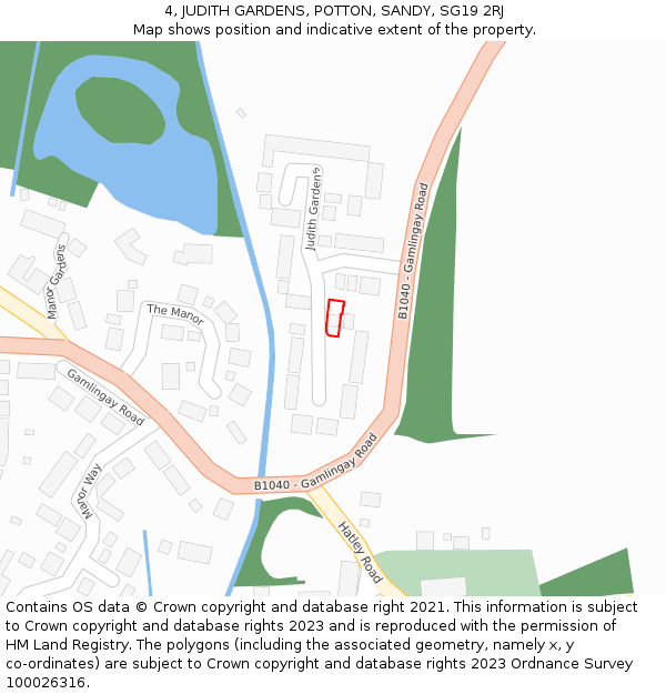 4, JUDITH GARDENS, POTTON, SANDY, SG19 2RJ: Location map and indicative extent of plot