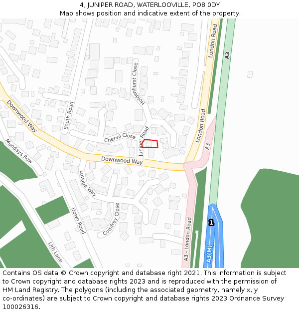 4, JUNIPER ROAD, WATERLOOVILLE, PO8 0DY: Location map and indicative extent of plot