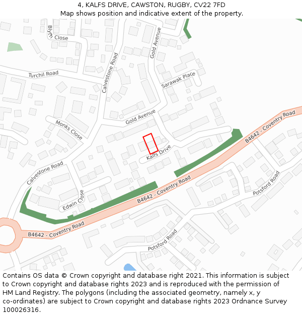 4, KALFS DRIVE, CAWSTON, RUGBY, CV22 7FD: Location map and indicative extent of plot