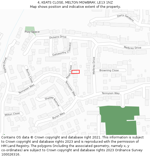 4, KEATS CLOSE, MELTON MOWBRAY, LE13 1NZ: Location map and indicative extent of plot