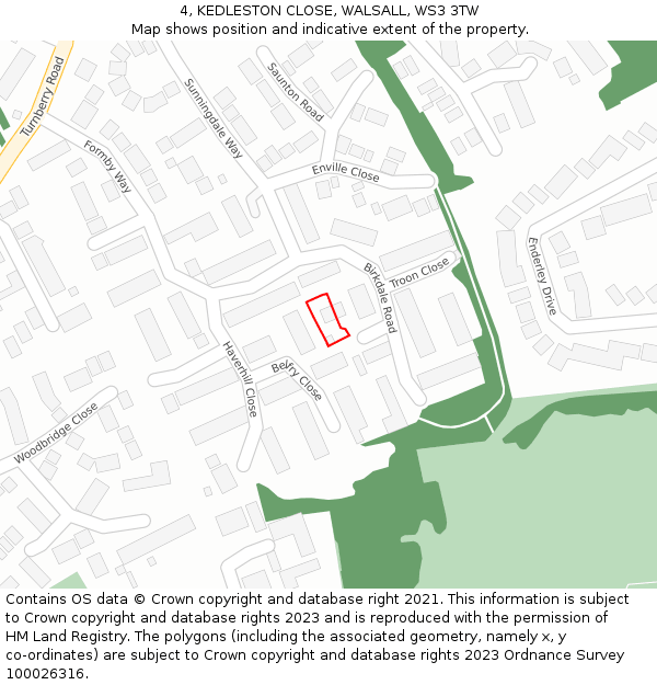 4, KEDLESTON CLOSE, WALSALL, WS3 3TW: Location map and indicative extent of plot