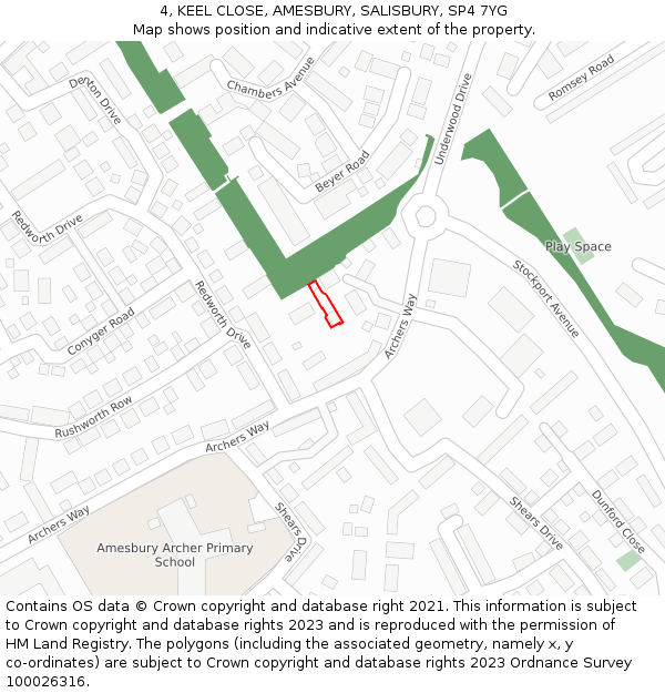 4, KEEL CLOSE, AMESBURY, SALISBURY, SP4 7YG: Location map and indicative extent of plot