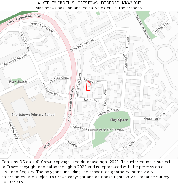 4, KEELEY CROFT, SHORTSTOWN, BEDFORD, MK42 0NP: Location map and indicative extent of plot