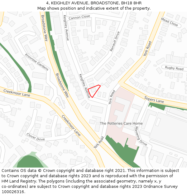 4, KEIGHLEY AVENUE, BROADSTONE, BH18 8HR: Location map and indicative extent of plot