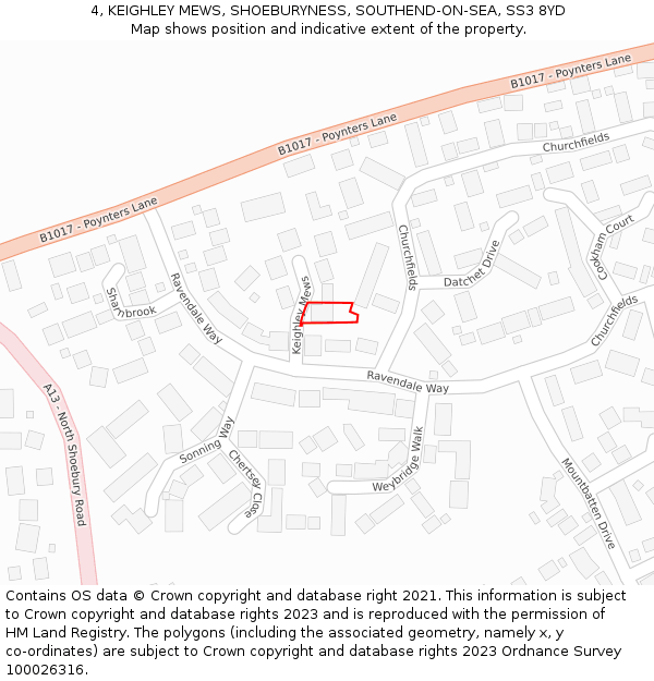 4, KEIGHLEY MEWS, SHOEBURYNESS, SOUTHEND-ON-SEA, SS3 8YD: Location map and indicative extent of plot