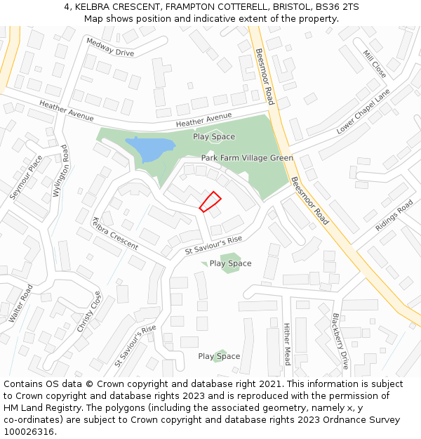 4, KELBRA CRESCENT, FRAMPTON COTTERELL, BRISTOL, BS36 2TS: Location map and indicative extent of plot