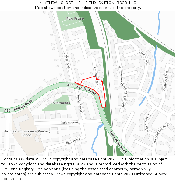 4, KENDAL CLOSE, HELLIFIELD, SKIPTON, BD23 4HG: Location map and indicative extent of plot