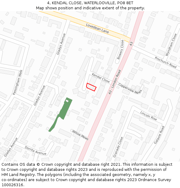 4, KENDAL CLOSE, WATERLOOVILLE, PO8 8ET: Location map and indicative extent of plot