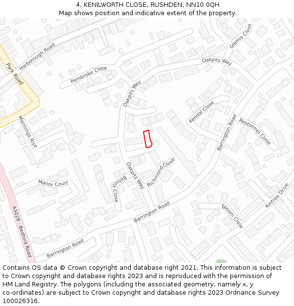 4, KENILWORTH CLOSE, RUSHDEN, NN10 0QH: Location map and indicative extent of plot