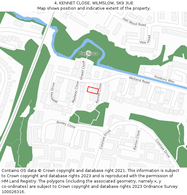 4, KENNET CLOSE, WILMSLOW, SK9 3UE: Location map and indicative extent of plot