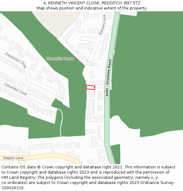 4, KENNETH VINCENT CLOSE, REDDITCH, B97 5TZ: Location map and indicative extent of plot